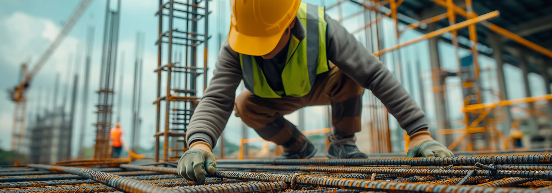 construction worker leaned over grabbing rebar