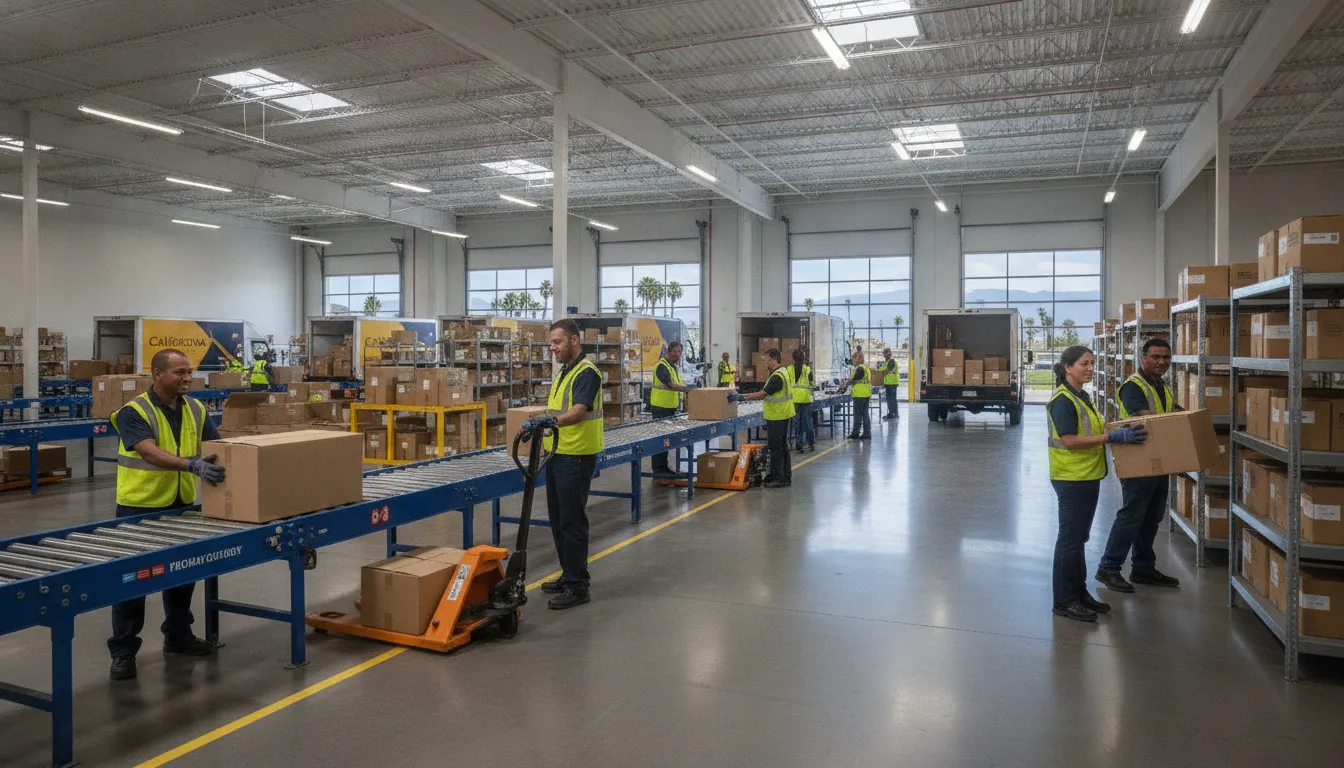 Warehouse and delivery workers handling packages in California