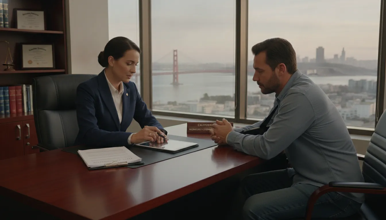 California workers compensation attorney speaking with an injured worker in a law office